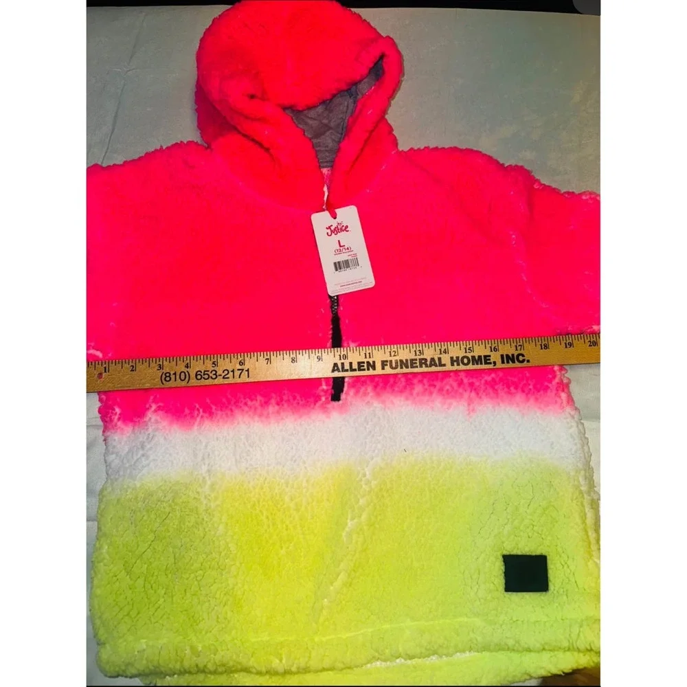 2 NWT Justice Girls Sherpa Pullover Hoodie Tie Dye Neon‎ Pink Yellow L 12 14